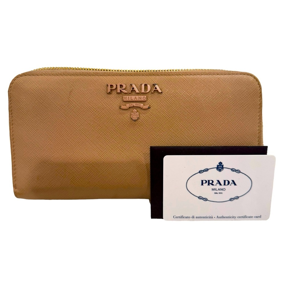 Prada Saffiano beige leather zippy wallet with authenticity card